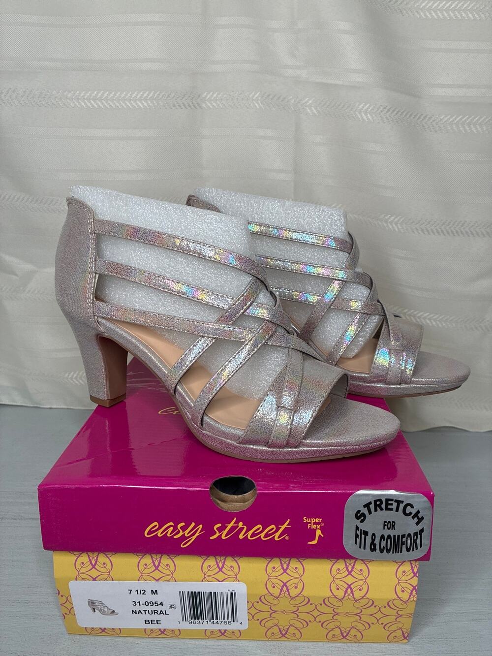 Easy Street Bee Zip Platform Sandals Natural Iridescent Womens Size 7.5